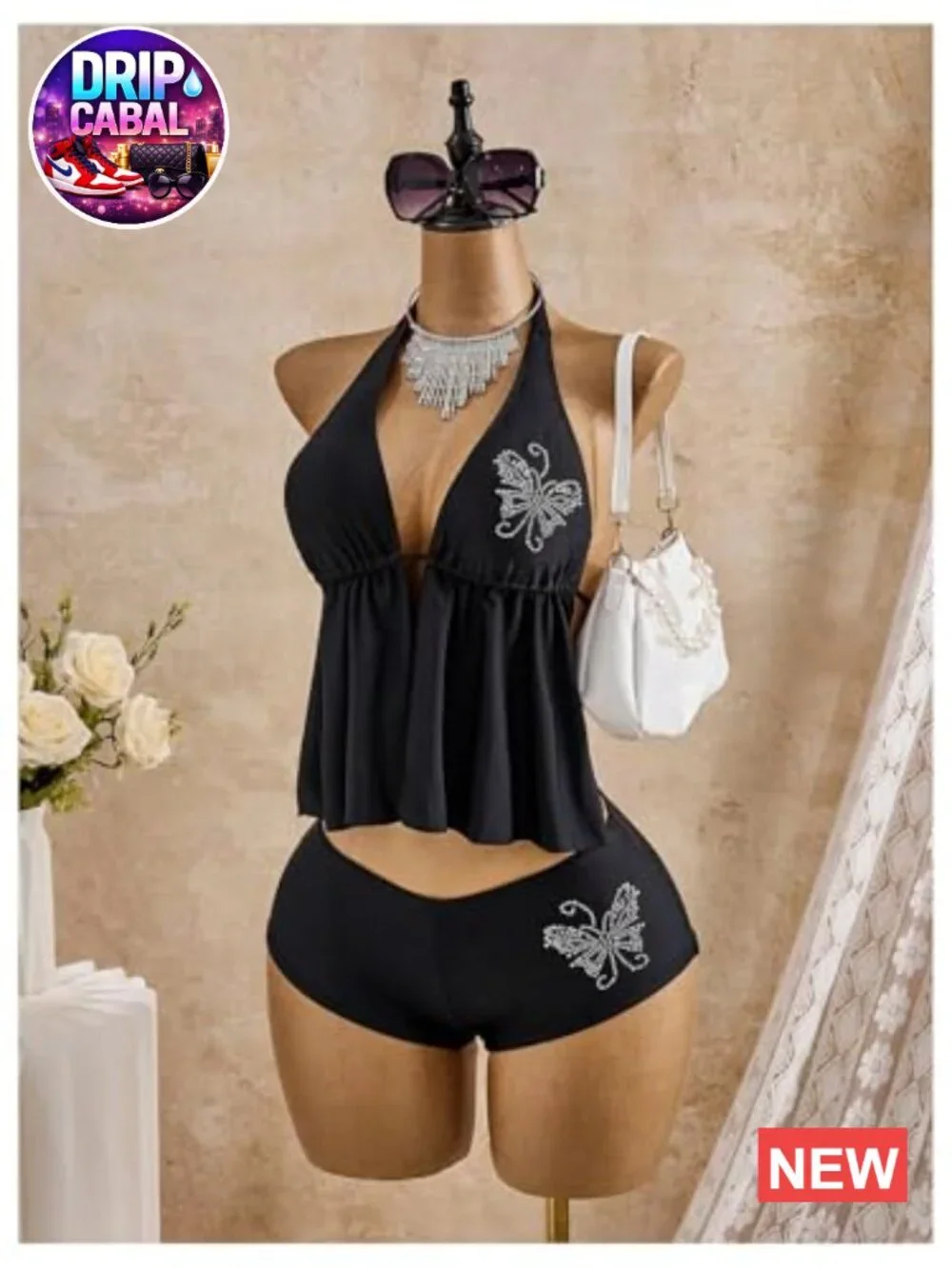 Rhinestone Halter Tankini Top with Boyshort Bottoms